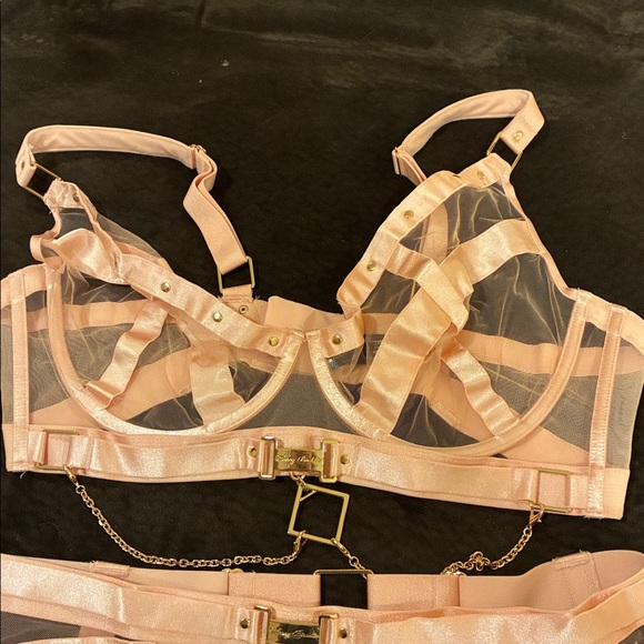 NEW Honey Birdette 40F Pink KUKURO SEXY Lingerie Set bra, garter, panties SET - Picture 3 of 9
